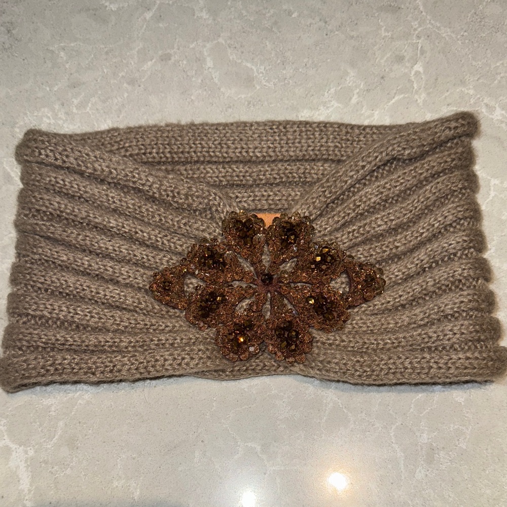 C.C Taupe Knit Ear Warmer Headband with Brown Beaded Floral Accent